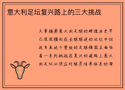 意大利足坛复兴路上的三大挑战 意大利足坛复兴路上的三大挑战